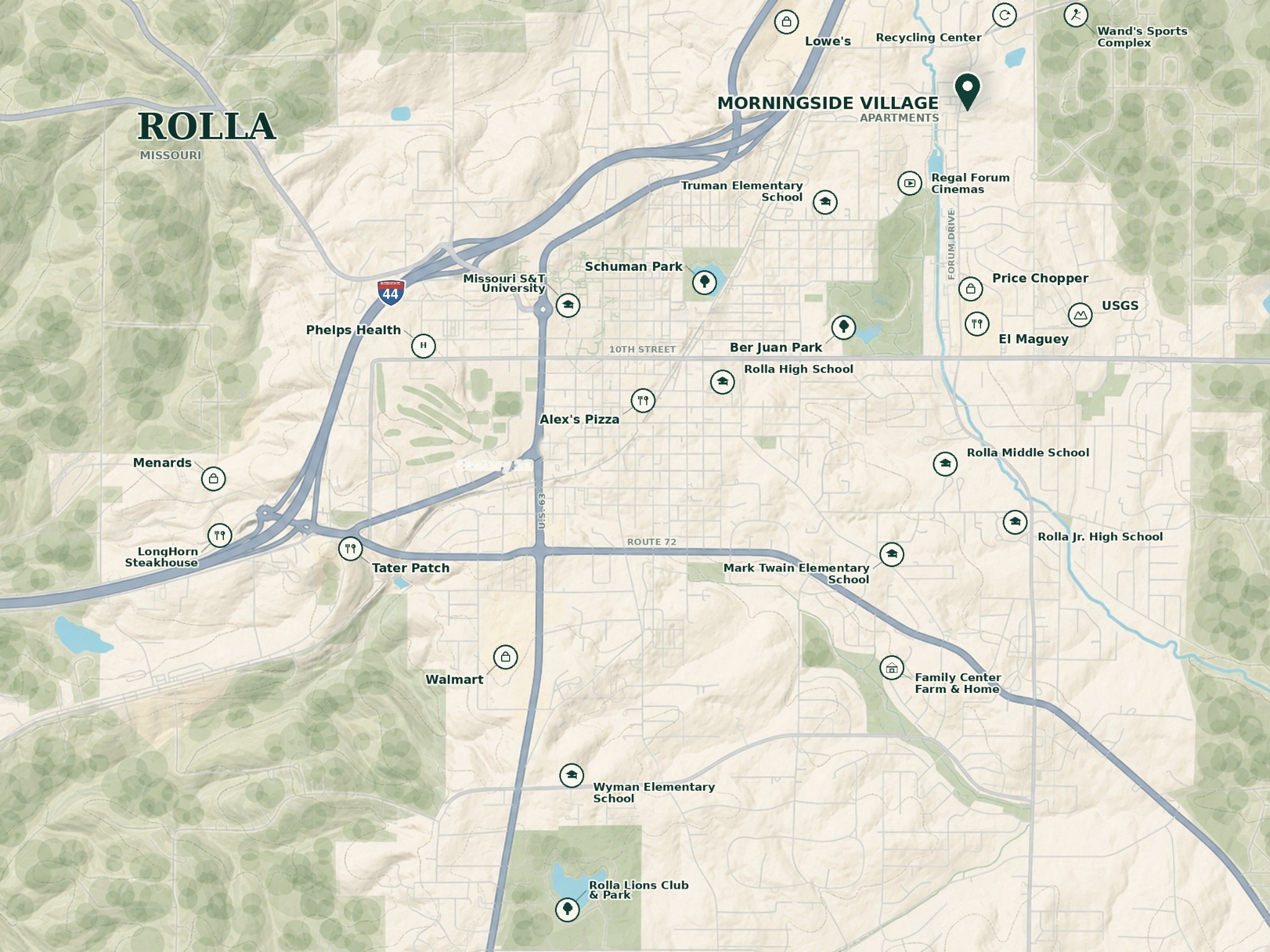 Interactive illustrated map of Rolla showing Morningside Village Apartments and nearby schools, parks, shopping, dining, recreation, and everyday services